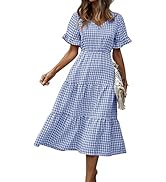 KAYWIDE Women's Dress Casual V Neck Plaid Dresses Ruffle Short Sleeve A-Line Loose Fit Tiered Flo...