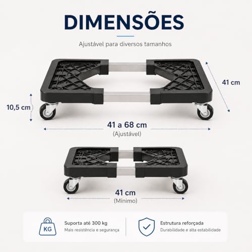 Suporte Movel Ajustavel com Rodinhas para Eletrodomesticos ate 138kg Base Multiuso para Geladeira Fogao Maquina de Lavar Estrutura Reforcada 41 a 68cm