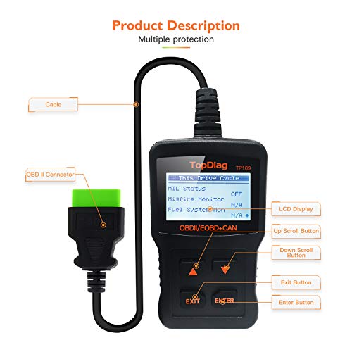TopDiag Car Code Reader Engine Scan Tool Universal Automotive Diagnostic Tools TP-109 Auto Scanner Suitable for OBD2 Protocol/Standard 16-pin EOBD/CAN Vehicles