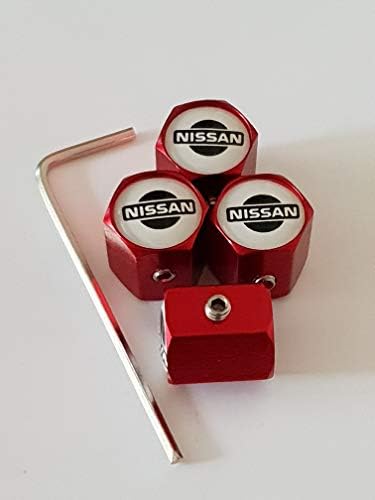 Sportimo NISSAN Red locking Anti theft car Valve Dust Caps (2) LEAF MICRA NOTE PULSAR JUKE QASHQAI X-TRAIL NAVARA 370Z GT-R SKYLINE