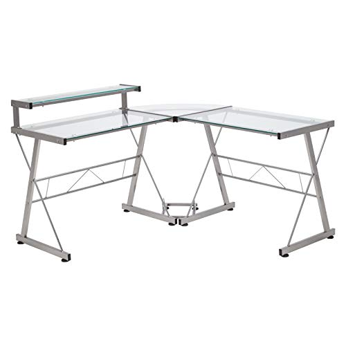 Mecor L-Shaped Corner Computer Desk with Shelf & Stand, Glass Laptop PC/Computer Table Workstation Home Office Furniture, Glass & Metal, Clear