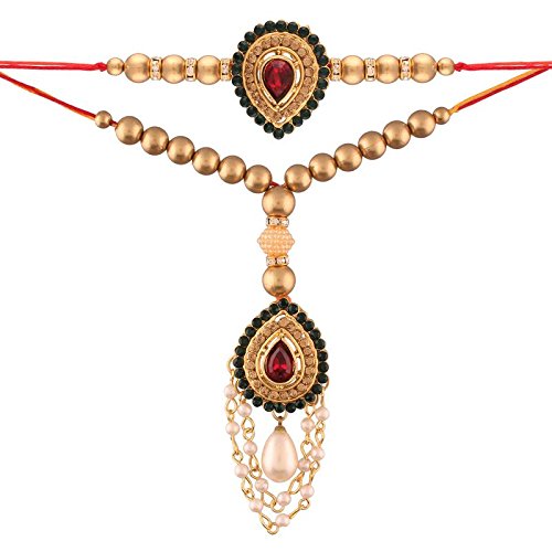 i jewels gold plated pearl and stone studded bhaiya bhabhi rakhi set (r616co)