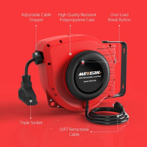 Retractable Extension Cord Reel, Meterk 50FT+4.5 Electrical Power Cord