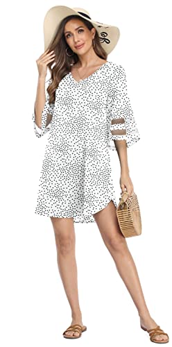 JOUICA WOMEN’S CHIFFON DRESS CASUAL V NECK 3/4 BELL SLEEVE SWIMWEAR MINI DRESSES,WHITE DOT,XX-LARGE