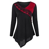 Tsmile Womens Blouse Clearance Fashion Two Tone Lace Trim Asymmetrical Tops Ladies Long Sleeve Casual V-neck Pullover Blouse
