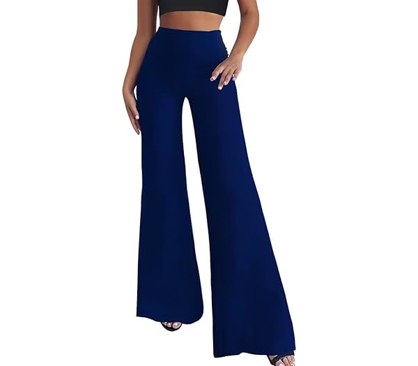 HYBRID & COMPANY WOMEN PALAZZO PANTS W/FOLD OVER WAIST BAND KPZ26932 NAVY L