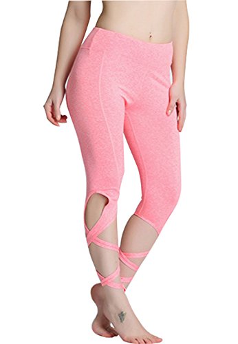 OVESPORT Women Yoga Leggings High Waist Workout Dance Pants with Ballet Ribbon (2088S, Pink) - Thumbnail 3