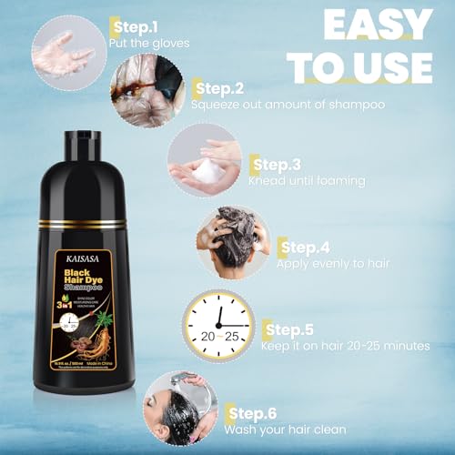Black Hair Dye Shampoo 3 in 1, Natural Hair Dye Semi Permanent Color, Gray Hair Cover Up for Treated Color for Women and Men, 500ML