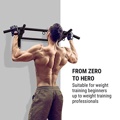 Klarfit Pro X Pull Up Bar • Chin Ups • 3 Grip Positions • Hangers for Punching Bags, Power Ropes, Sling Trainers • Wall Mounting • Heavy Duty Anchors • Max. Load: 770 lb • Powder-Coated Steel • Black - Thumbnail 2