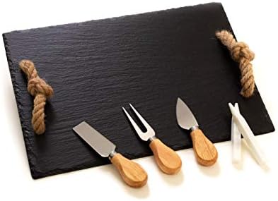 Slate Cheese Board with Cutlery Set - 14 x 10 inches, perfect as Wine and Cheese Platter or Serving Tray for Appetizers - Features Rope Handles, 3 Cheese Knives and 2 Soapstone Chalks