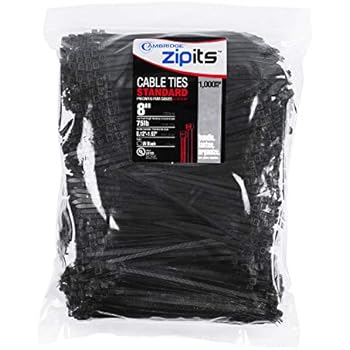 Cambridge ZipIts Cable Ties Zip Ties 8 Inch 75 Lb Standard Duty 1000 Pieces UV Black UL Listed Contractor Quality Industrial Strength