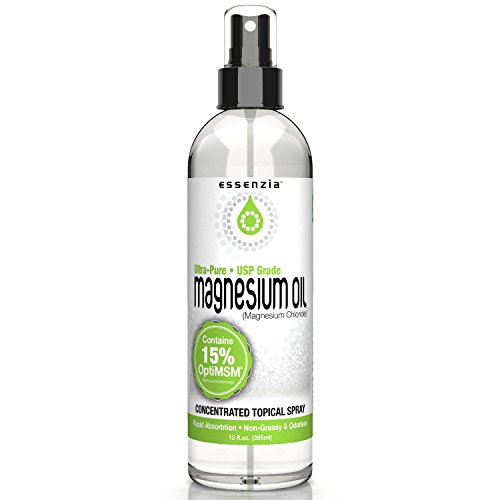 Magnesium Oil Spray with MSM by Essenzia – Topical Magnesium Chloride for Rapid Transdermal Absorption | Natural Sleep Aid and Relief from Migraines, Restless Leg Syndrome and Muscle Cramps (12oz)
