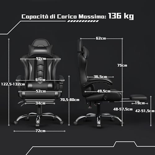 Yaheetech Ergonomic Massage Reclining Gaming Chair with Footrest, Headrest and Lumbar Support Faux Leather Padded Armrests, Gamer Desk Chair with Swivel Casters, Black