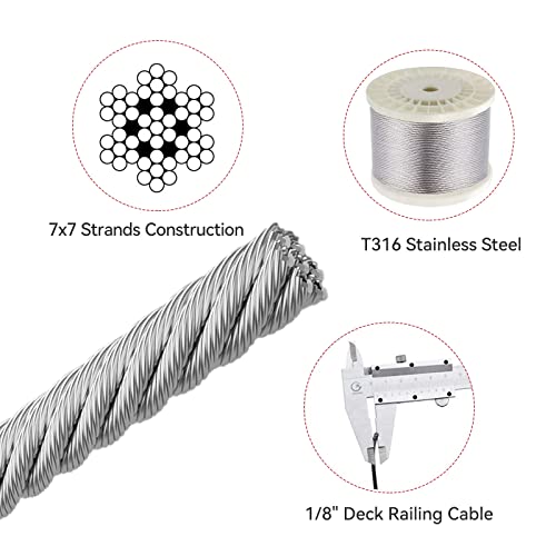Alamanda T316 Stainless Steel 1/8" Deck Railing Cable with Cutter,7 x 7 Strands Construction