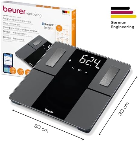 BF 500 bilancia pesapersone digitale con Bluetooth & app con misurazione di massa grassa, percentuale muscolare, fabbisogno calorico ecc. trasferimento dati ad Apple Health & co., fino a 180 kg