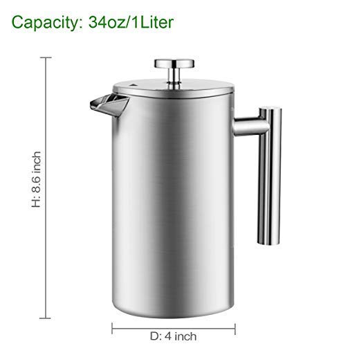 French Press Coffee Maker Double-Wall 18/8 Stainless Steel Coffee and Tea Maker, Bonus Stainless Steel Screen and Coffee Powder Spoon, 34OZ - Thumbnail 5