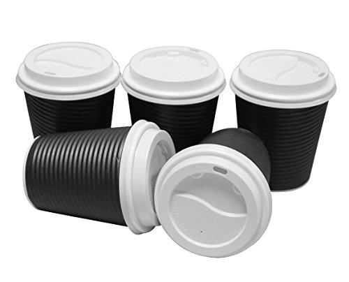 50 Count Black Disposable Insulated Ripple Eco-friendly Paper Hot Coffee Cups with 50 Cappuccino Lids - Grip Easily, No Sleeves Needed, Perfect for Everyday Use (11 oz)