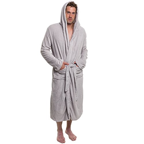 Mens Hooded Robe - Plush Shawl Kimono Bathrobe by Ross Michaels (Light Grey S/M)
