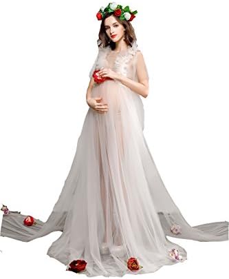 Hopeverl Maternity Transparent High Waist Wedding Dress Sleeveless Gown Yarn Skirt for Photos Shoot