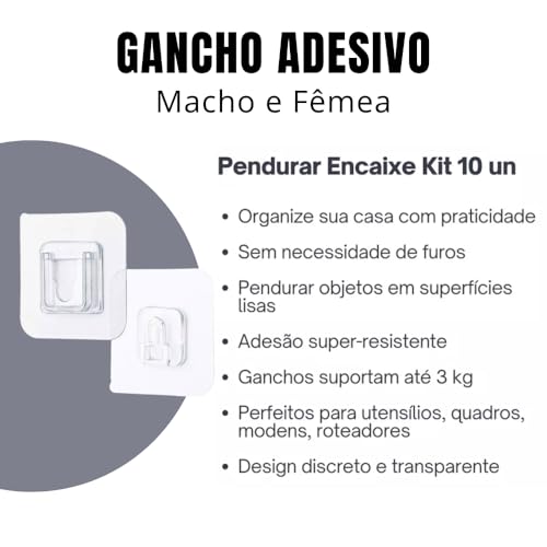 Kit 8 Ganchos Adesivos Macho e Fêmea Transparente - Suporte de Parede Sem Furo, Fixação Resistente - Organizador de Parede - Encaixe Rápido - UpShop