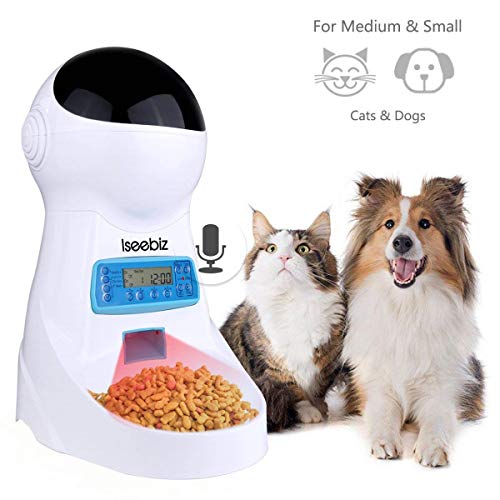 Iseebiz Automatic Pet Feeder, Cat Dog Food Dispenser 3 Liter Hopper with Voice Recorder, Timer Programmable, Portion Control, Food Dispense Remind, IR Detect, 4 Meals a Day for Medium Small Cats Dogs