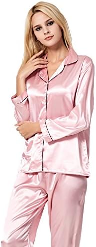 VlSl Womens Silk Satin Pajamas Set Sleepwear Loungewear Two-Piece Long Sleeve Pajama Set (Small, Deep Pink)