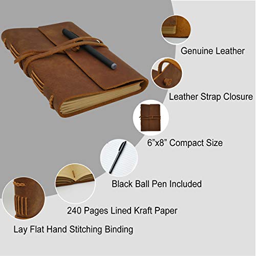 Leather Journal Lined Notebook, Handmade Genuine Leather Bound Daily A5