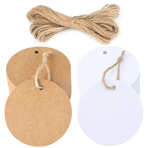 Kraft Gift Tags Round Tags 5.5CM, 200PCS with Jute Twine for Crafts, Wedding Gifts, Party Gifts (100PCS Brown + 100PCS White)