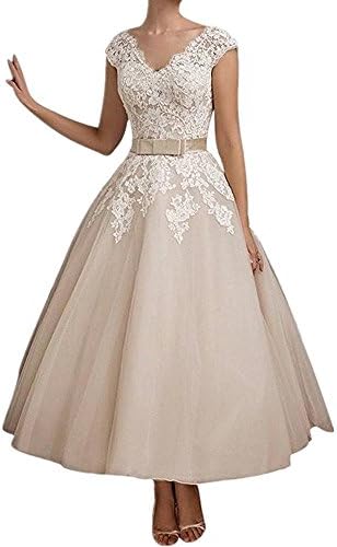 Cloverdresses Double V Neck Tulle Tea Length Lace Short Wedding Dresses Bride Dress