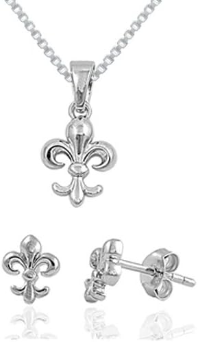 Sterling Silver Petite Fleur De Lise Necklace &amp; Earrings-18IN