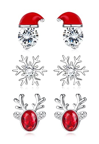 Finrezio 3 Pairs Hypoallergenic Silver Christmas Earrings for Women and Girls - Snowflake, Reindeer and Hat Earrings - Birthday Gift, Sterling Silver