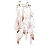 ling's moment Feather Dream Catcher Mobile LED Fairy Lights Battery Powered Hanging Ornaments with Gold Dipped Glitter Feathers Bohemian Wedding Decorations, Boho Chic, Nursery Decor