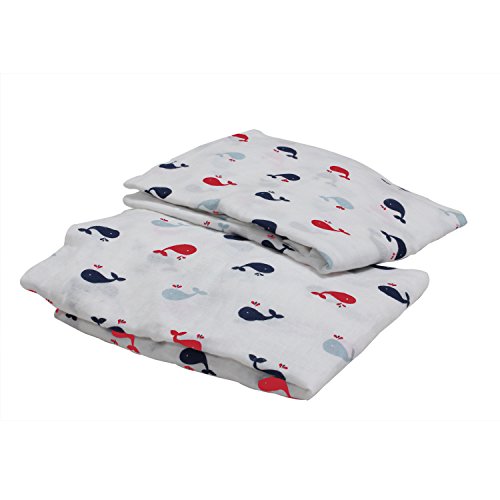 Bacati 2 Piece Little Sailor Whales Muslin Crib Sheets, Blue/Red