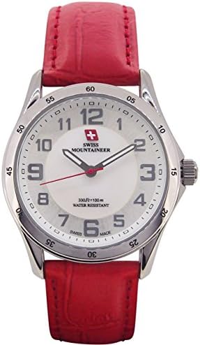 Swiss Mountaineer Ladies Wrist Watch Red Leather Band White MOP Dial Easy Read SM8051