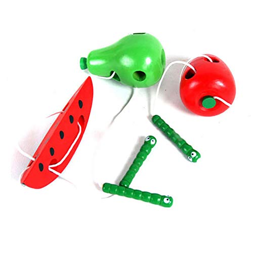 HsgbvictS Toys for All Ages Lovely Wooden Apple Pear Watermelon Worm Eat Fruit Baby Kids Threading Toy - Apple