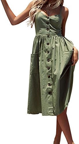 Wancy Women's Summer Spaghetti Strap Floral Print Boho Button Down Casual Swing Midi Dress With Pockets Army Green Small
