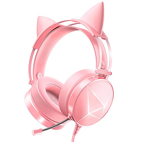 Pink Gaming Headset for PC, Xbox One Headset with Detachable Cat Ear Headphones, PS4 Headset