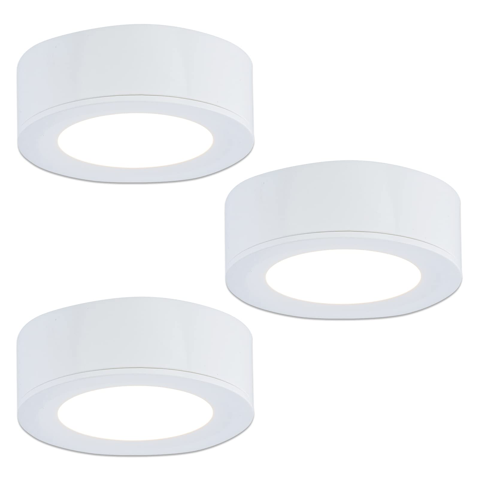 Photo 1 of LUMILAND Wired LED Puck Lights 120V (2.7Wx3) Plug-in Lighting Warm White, LED Cabinet Light for Kitchen Can Be Surface Mount or Recess Mount, White