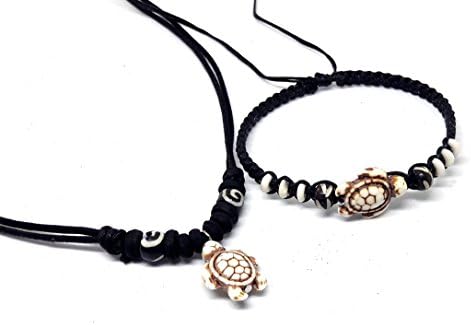 Necklace and Bracelet with Turtle Cream Color Hawaiian Sea Turtle Bracelet Black Hemp Bracelet