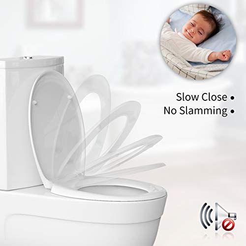 Toilet Seat with Oval Shape, Heavy Duty Urea-Formaldehyde Anti-Bacterial Material, Soft Close Toilet Seats White with One Button Quick Release, Adjustable Stainless Hinges, 2pcs Small Stickers