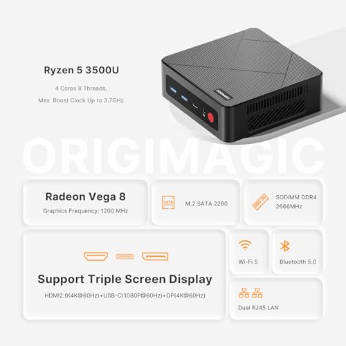 origimagic C4 Air Mini PC, Ryzen 5 3500U, RAM 8 GB DDR4 2400MHz, SSD 256 GB + Ranura NVMe PCIe 3.0, Gráfica Vega 8, 3 Pantallas 4K, WiFi 5/BT 5.0, Mini PC para Oficina, Negocios y hogar