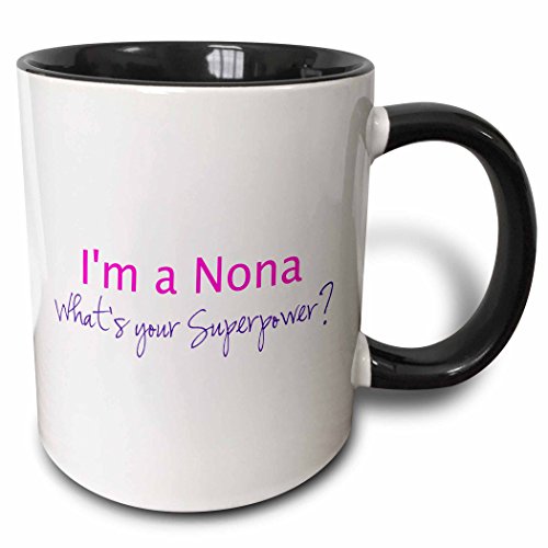 3dRose"I'M A Nona - What'S Your Superpower - Hot Pink - Funny Gift For Grandma" Two Tone Black Mug, 11 oz, Black/Pink