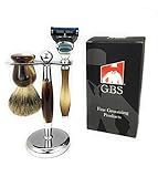 GBS Mens Premium Grooming Set - Ultimate Complete Kit - 5 Blade Compatible Manual Razor Long Horn Handle, Pure Badger Bristle Shave Brush, Brush & Razor Stand Holder - Enhanced Wet Shaving