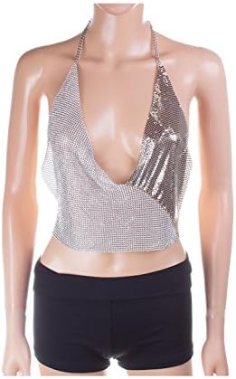 {CN1487 StyleNo1} Women's Mesh N Sparkling Overlap Body Chain Sexy Body Jewelry Bikini Bra Chain Party Body Chain (SILVER CLEAR)