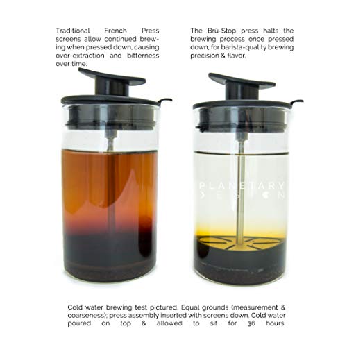 Planetary Design French Press Table Top Coffee and Tea Maker Carafe with Bru-Stop Technology - 48 oz - Stainless Steel - Brushed Steel