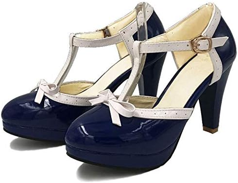 KIKIVA Women Rockabilly Pumps Patent Leather Block Heel T Strap Lolita Shoes with Bow Tie