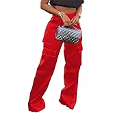 SENGRICH Satin Cargo Pants for Women High Waisted Wide Leg Trouser Multiple Pockets
