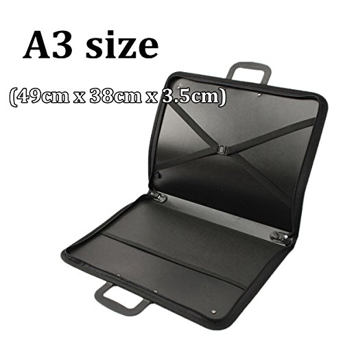 Caveen A2/A3 File Bags Portfolio Drawing Painting Storage Folder Document Carry Cases Portfolio Polypropylene with Interior Pocket, Elastic Straps and Zip - Black A3