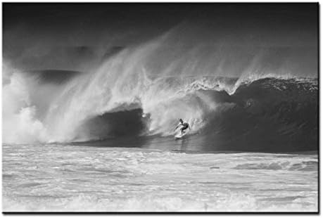 Yuanclllp - Black & White Paintings Wall Art a Strong Boy Surfing in the Sea With a Big Wave Behind Him Picture Print on Canvas for Modern Home Decoration