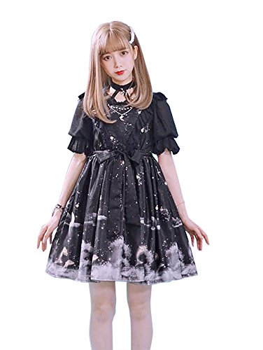 Gothic Lolita Dress OP Black Square Neck Short Sleeve Ruffle Tiered Lolita One Piece Dress P155778